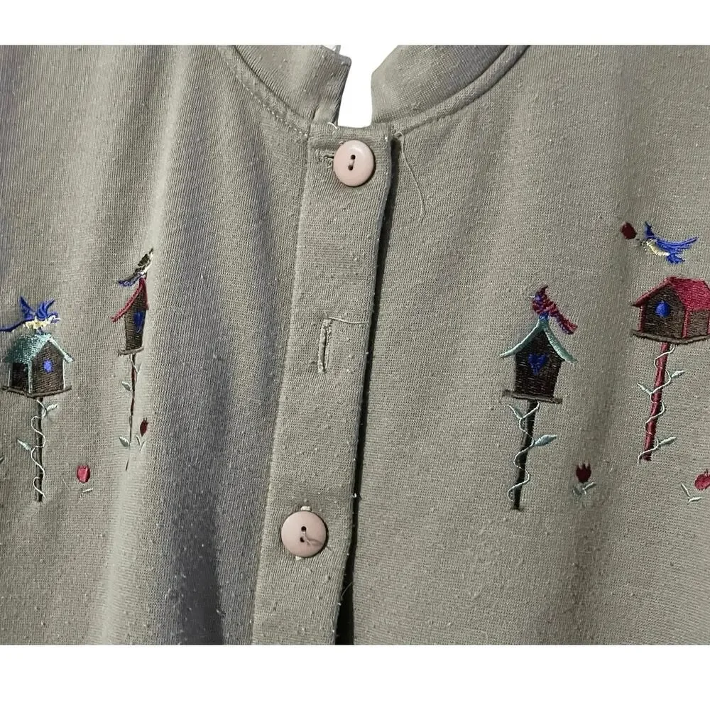 Vintage Bobbi Brooks Button Front Sweatshirt Cardigan w/ Birdhouses Size Large